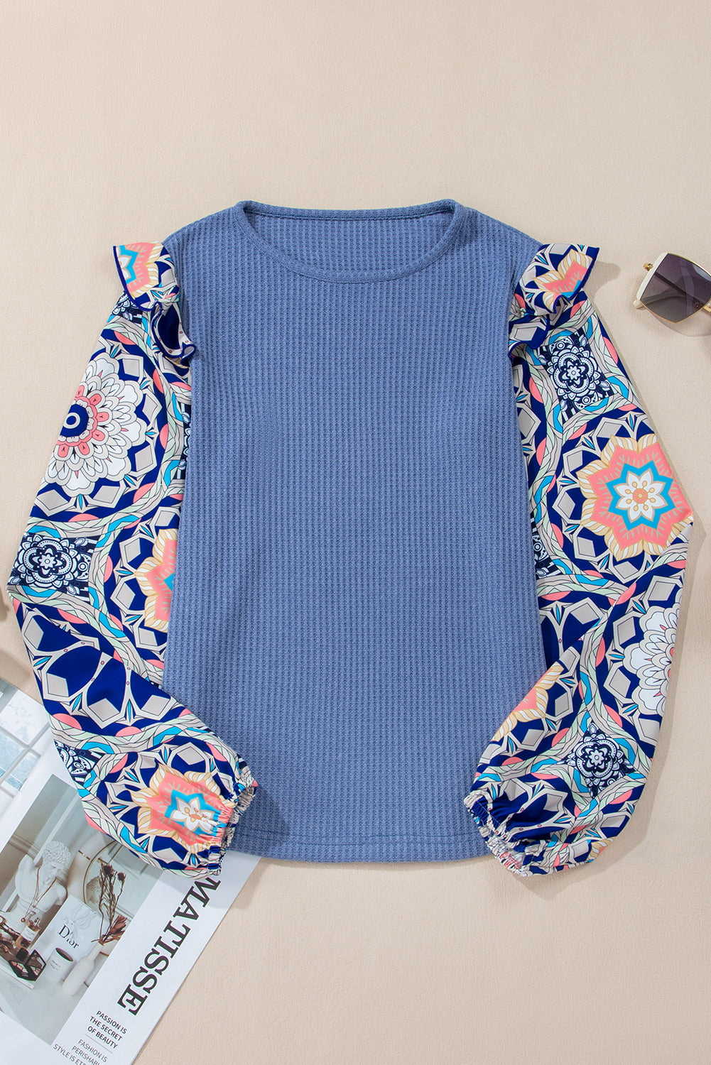 Coffee Ruffled Floral Sleeve Patchwork Waffle Knit O Neck Blouse Aaria Tees