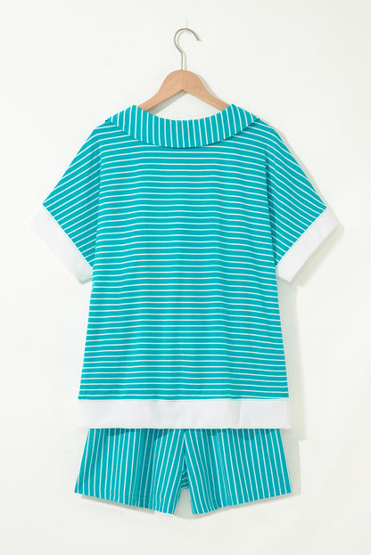 Sky Blue Stripe V Neck Tee and Casual Short Set