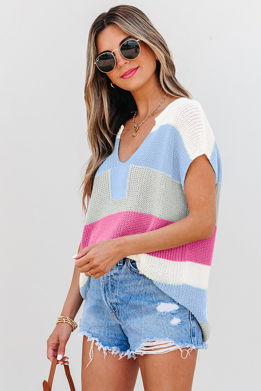 Stripe Colorblock V-Neck Sweater T-Shirt
