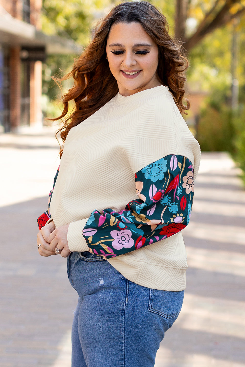 White Floral Patchwork Sleeve Textured Plus Size Pullover Top Aaria Tees