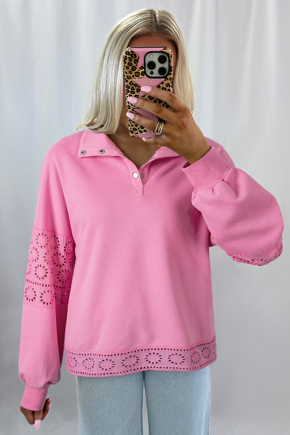 Yellow Cream Embroidered Flower Patchwork Snap Buttons Pullover Sweatshirt