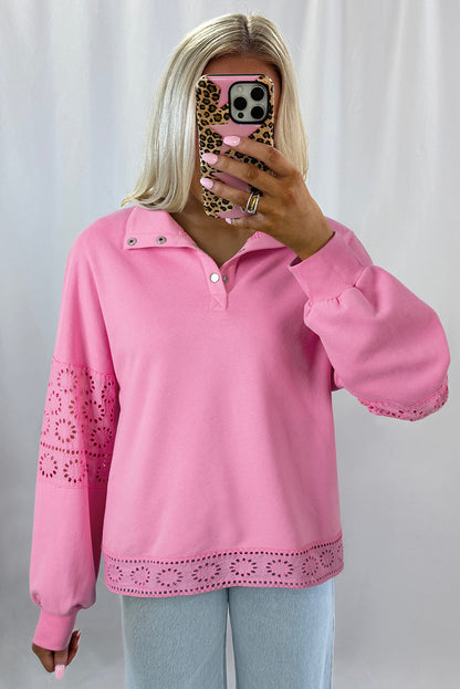 Yellow Cream Embroidered Flower Patchwork Snap Buttons Pullover Sweatshirt