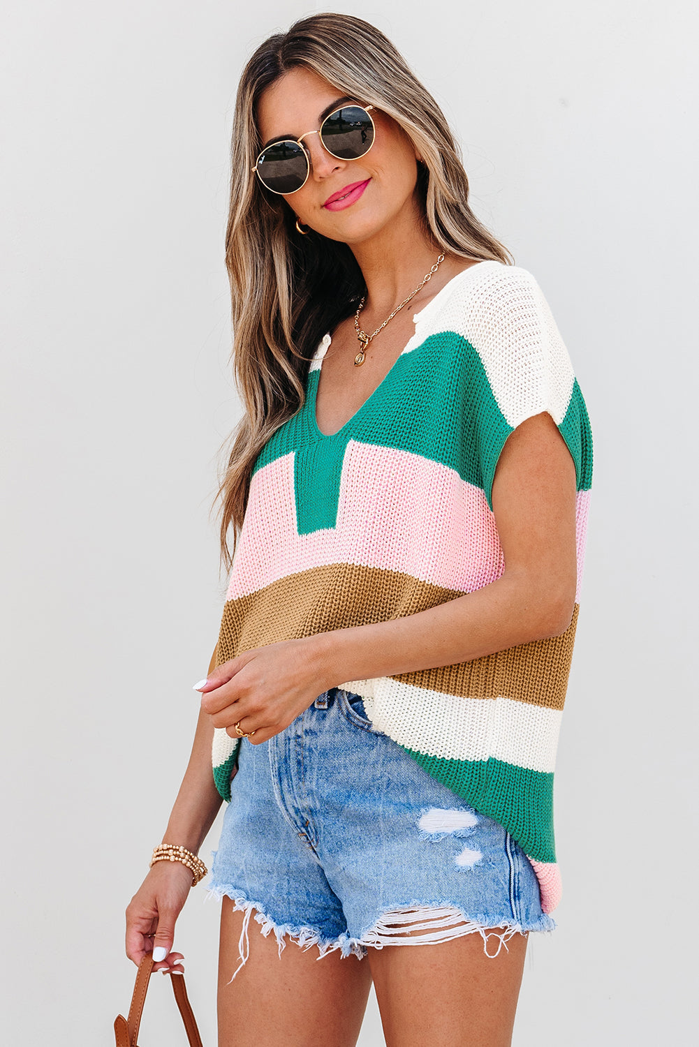 Stripe Colorblock V-Neck Sweater T-Shirt