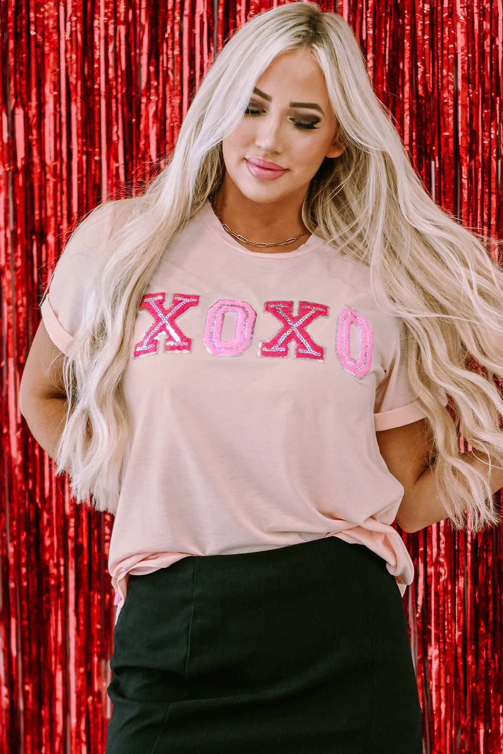 Pink Valentines Shiny XOXO Graphic T-shirt - Aaria Tees