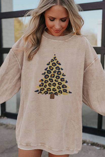 Apricot Leopard Christmas Tree Graphic Corded Sweatshirt
