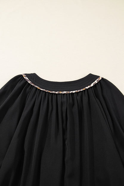 Black Plus Size Notched Neck Leopard Trim Flounce Long Sleeve Shift Dress