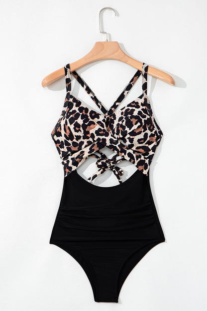 Black Leopard 2-tone Crossed Cutout Backless Monokini - Aaria Tees