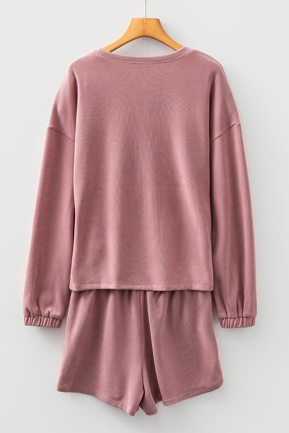 Fushia Solid Color Textured Knit Drop Shoulder Pullover Drawstring Shorts Set