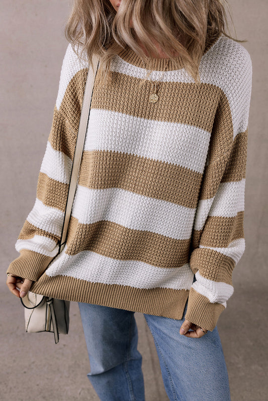 Arabella Striped Side Slit Sweater Threaded Pear