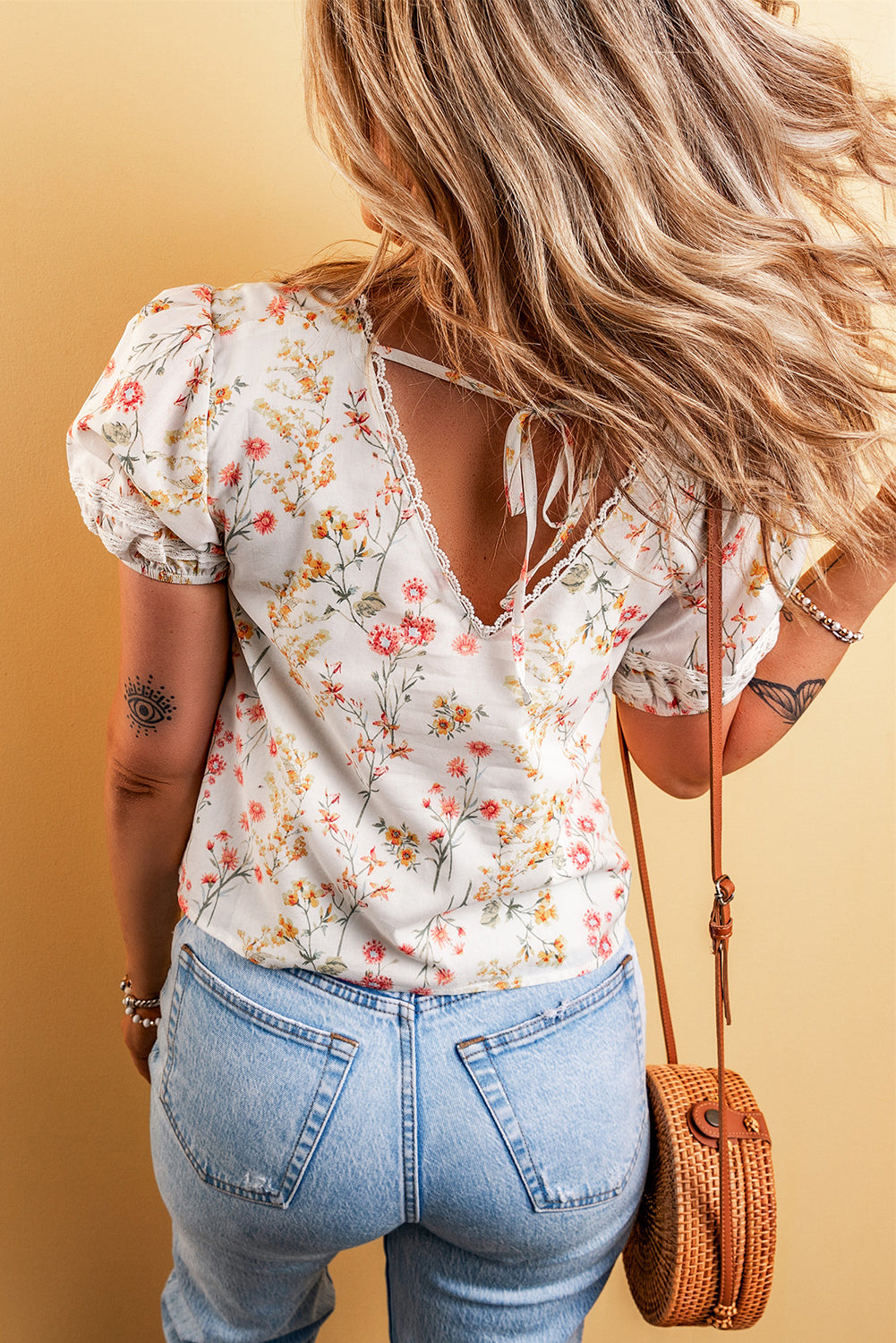 Beige Boho Floral Lace Trim Short Sleeve Blouse Aaria Tees