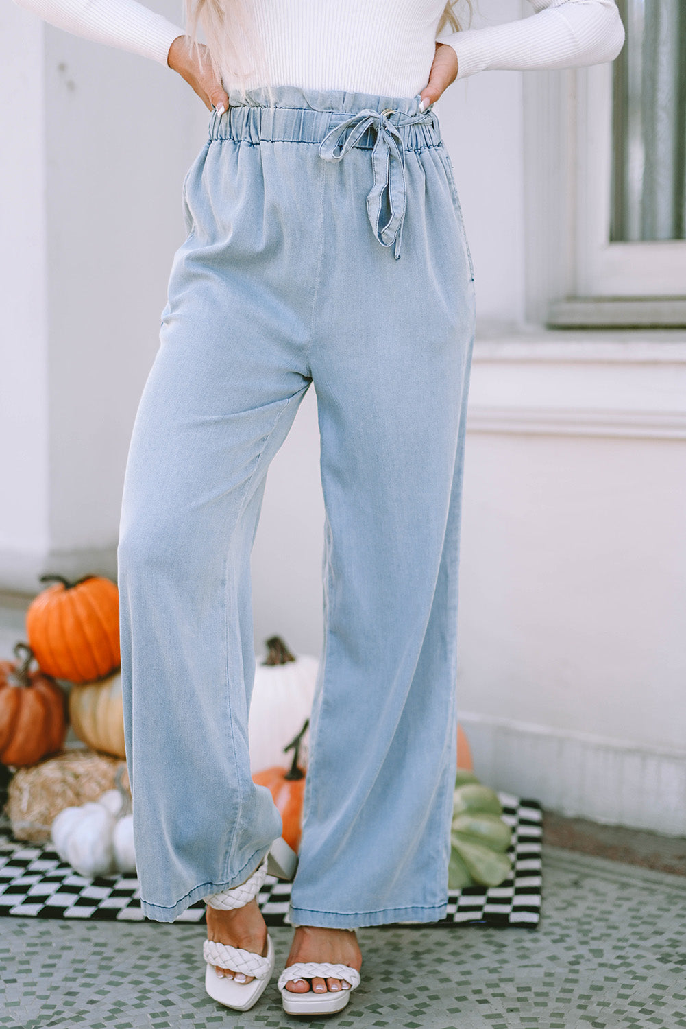 Sky Blue High Waist Pocketed Wide Leg Tencel Jeans - Aaria Tees Aaria Tees
