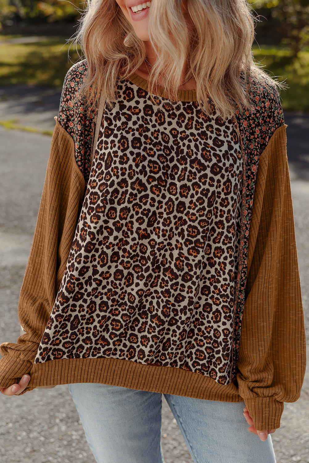 Leopard Floral Patchwork Ribbed Puff Sleeve Top