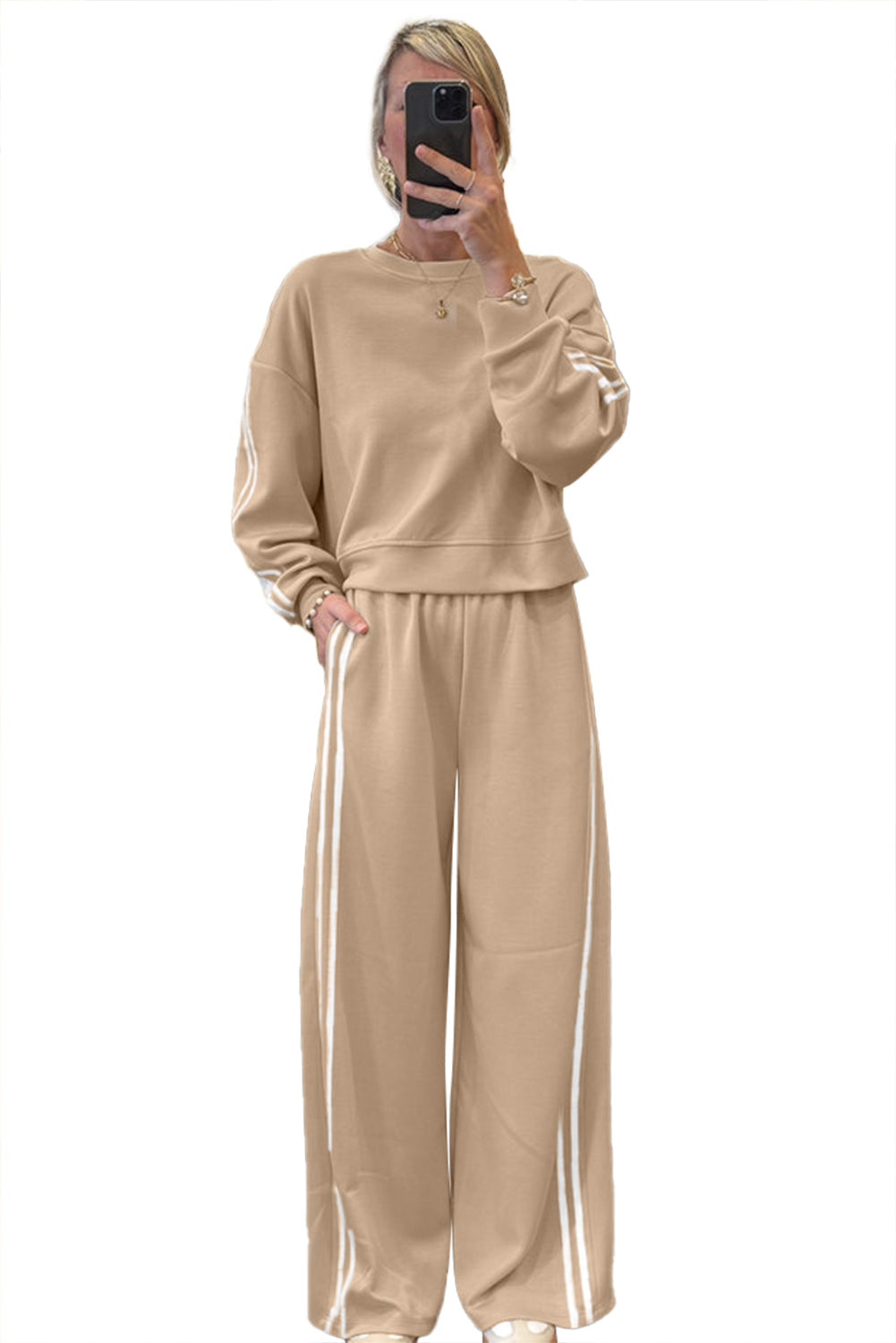 Oatmeal Varsity Striped Detail Cropped Pullover Wide Leg Pants 2pcs Outfit