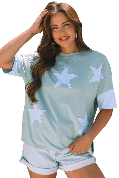 Aruba Blue Frayed Denim Star Patched Oversize T Shirt