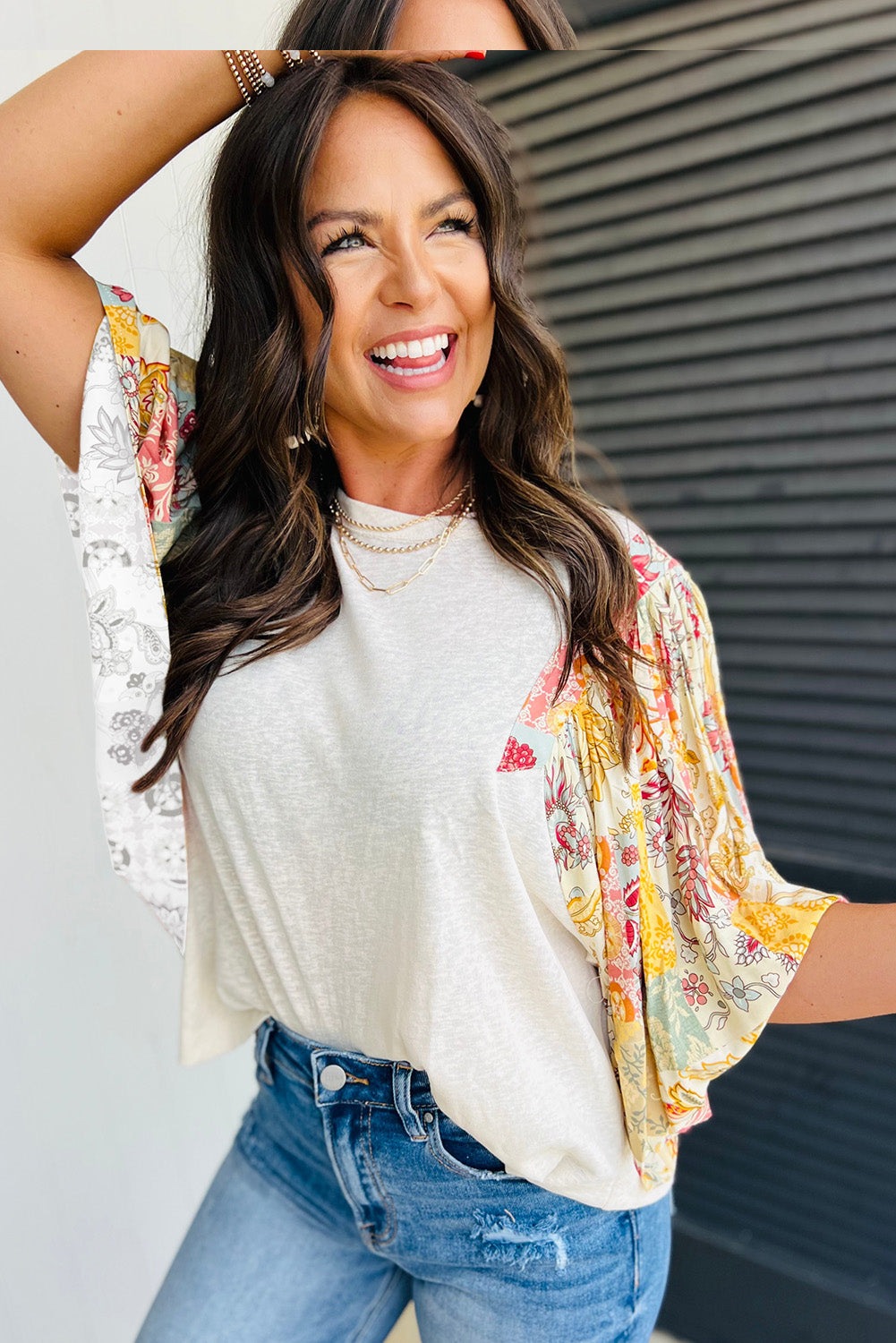 Beige Floral Patchwork Half Batwing Sleeve Blouse Aaria Tees