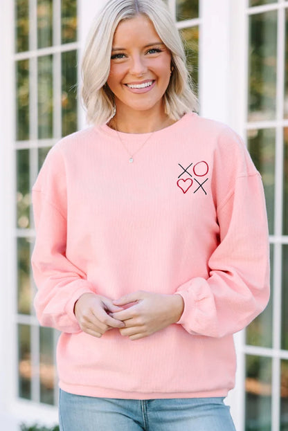 Pink 3d Ribbed XOXO Heart Embroidered Drop Shoulder Sweatshirt