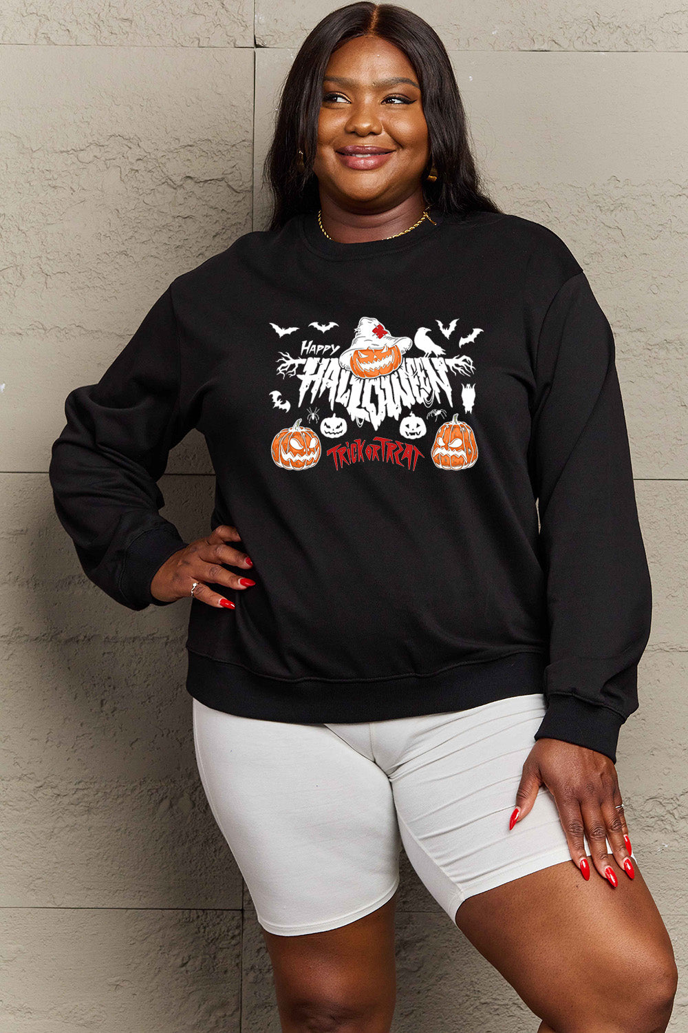 Simply Love Full Size HAPPY HALLOWEEN TRICK OR TREAT Graphic Sweatshirt