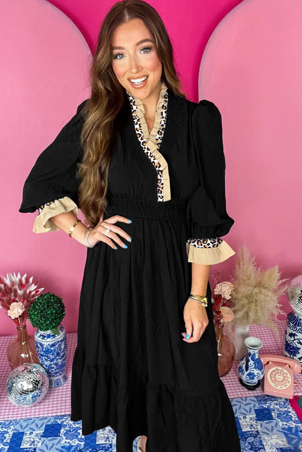 Black Contrast Leopard Frilled Trim V Neck Bracelet Sleeve Midi Dress