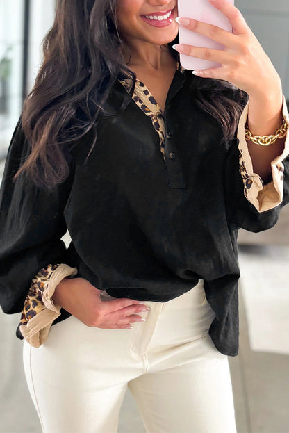 Black Contrast Leopard Print Patchwork Polo Collar Buttons Front Ruffled Long Sleeve Blouse