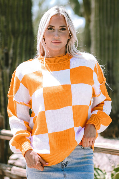 Orange Checkered Bishop Sleeve Sweater Aaria Tees