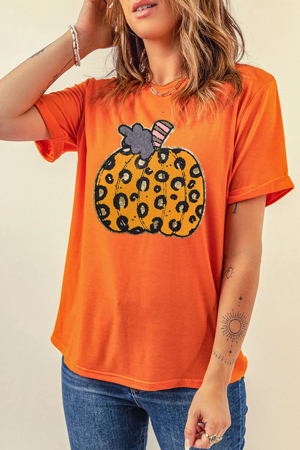 Pumpkin Round Neck Short Sleeve T-Shirt - Aaria Tees