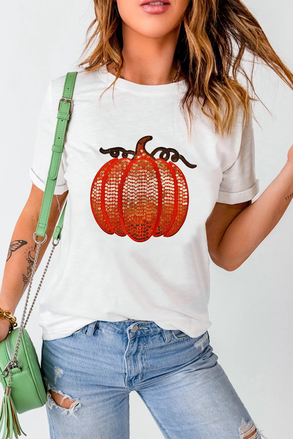 Full Size Sequin Pumpkin Round Neck Short Sleeve T-Shirt - Aaria Tees