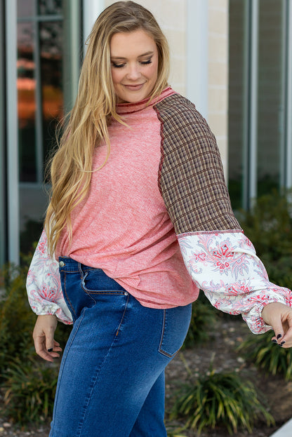 Pink Checkered Paisley Patchwork Raglan Sleeve Seamed Plus Size Top Aaria Tees