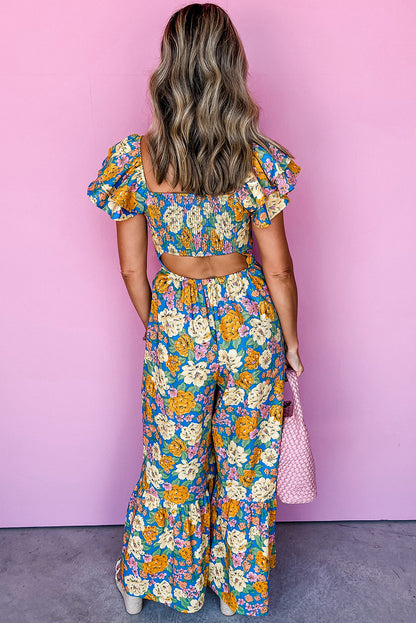 Yellow Floral Allover Print Shirred Cut Out High Waist Jumpsuit Aaria Tees