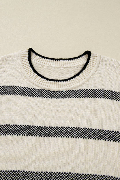 Apricot Stripe Wide Sleeve Drop Shoulder Crew Neck Plus Sweater