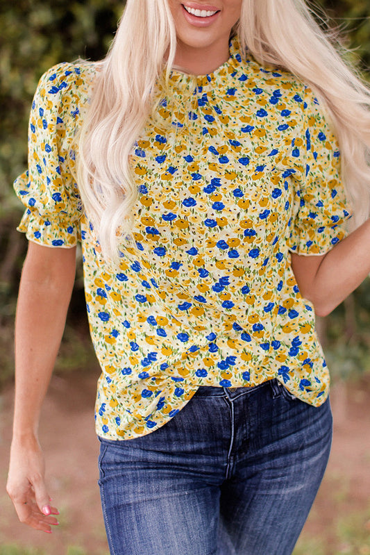 Nova Short Sleeve Frill Mock Neck Blouse - Aaria Tees Aaria Tees