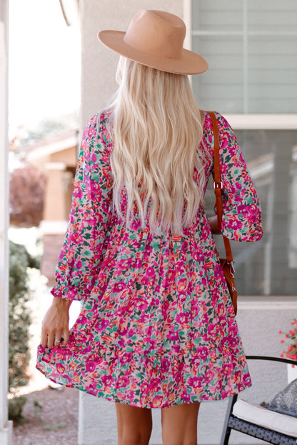 Purple Smocked V Neck Puffy Sleeve Floral Dress Aaria Tees
