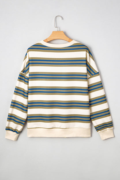 Brown Stripe Crew Neck Drop Shoulder Pullover Sweatshirt