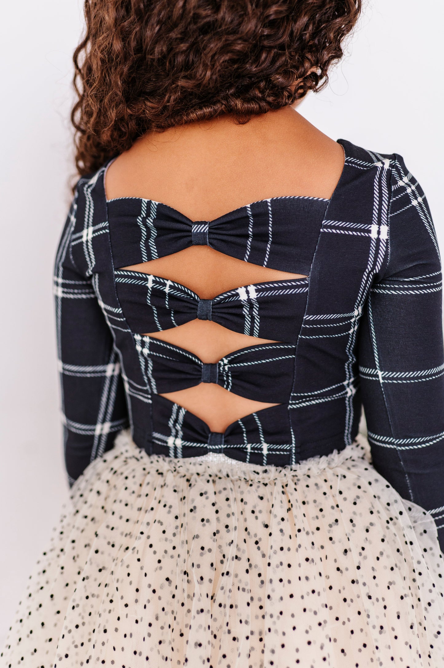 Black Plaid | CROPPED Bow Back Long Sleeve Top