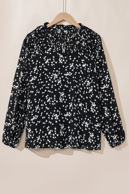 Black Plus Size Floral Print Ruched Split Neck Blouse Aaria Tees