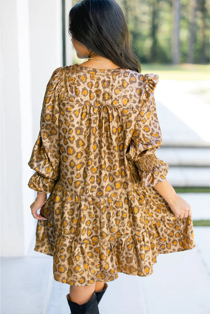 Khaki Leopard Print V Neck Ruffled Sleeve Tiered Loose Mini Dress
