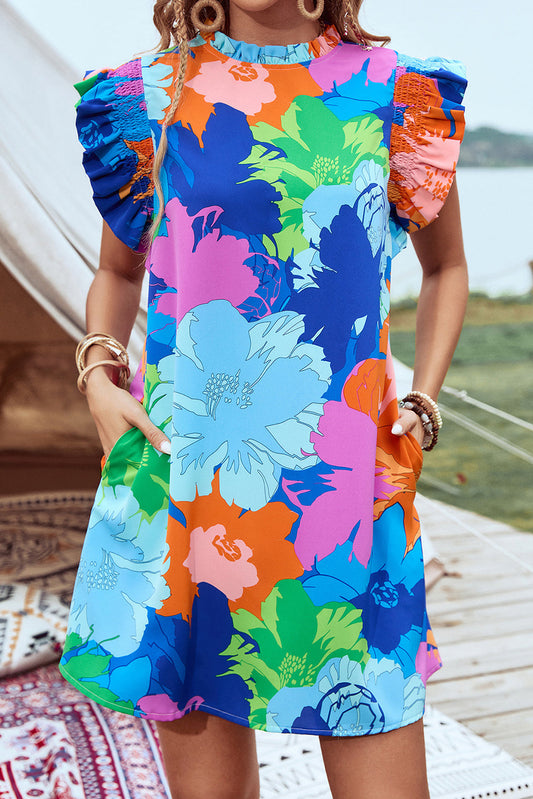 Blue Bold Floral Flutter Sleeve Shift Mini Dress with Pockets Aaria Tees