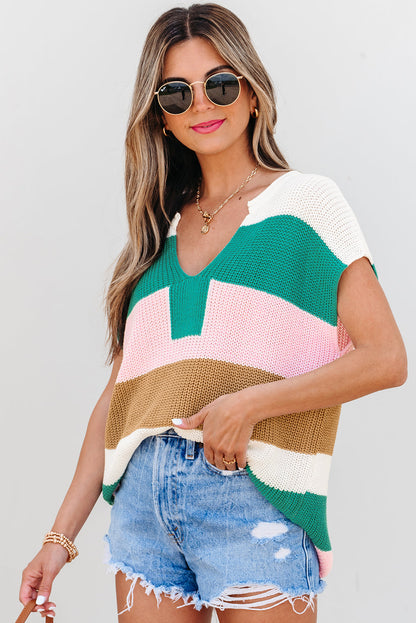 Stripe Colorblock V-Neck Sweater T-Shirt