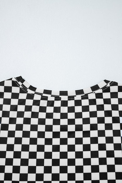 Black Checkered Ribbed Slim Fit Crew Neck T Shirt