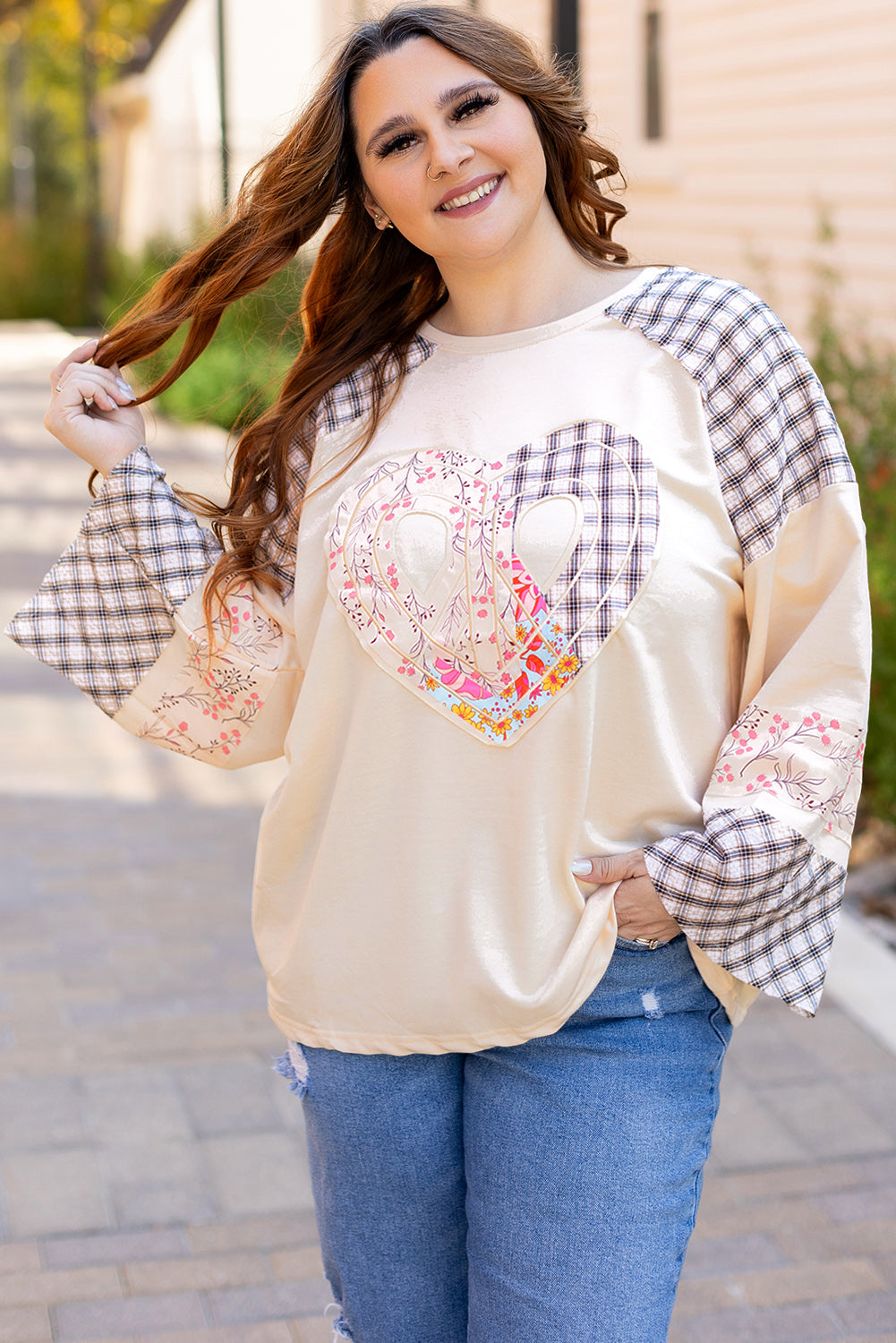 Beige Plaid Floral Peace Heart Graphic Wide Long Sleeve Top - Aaria Tees