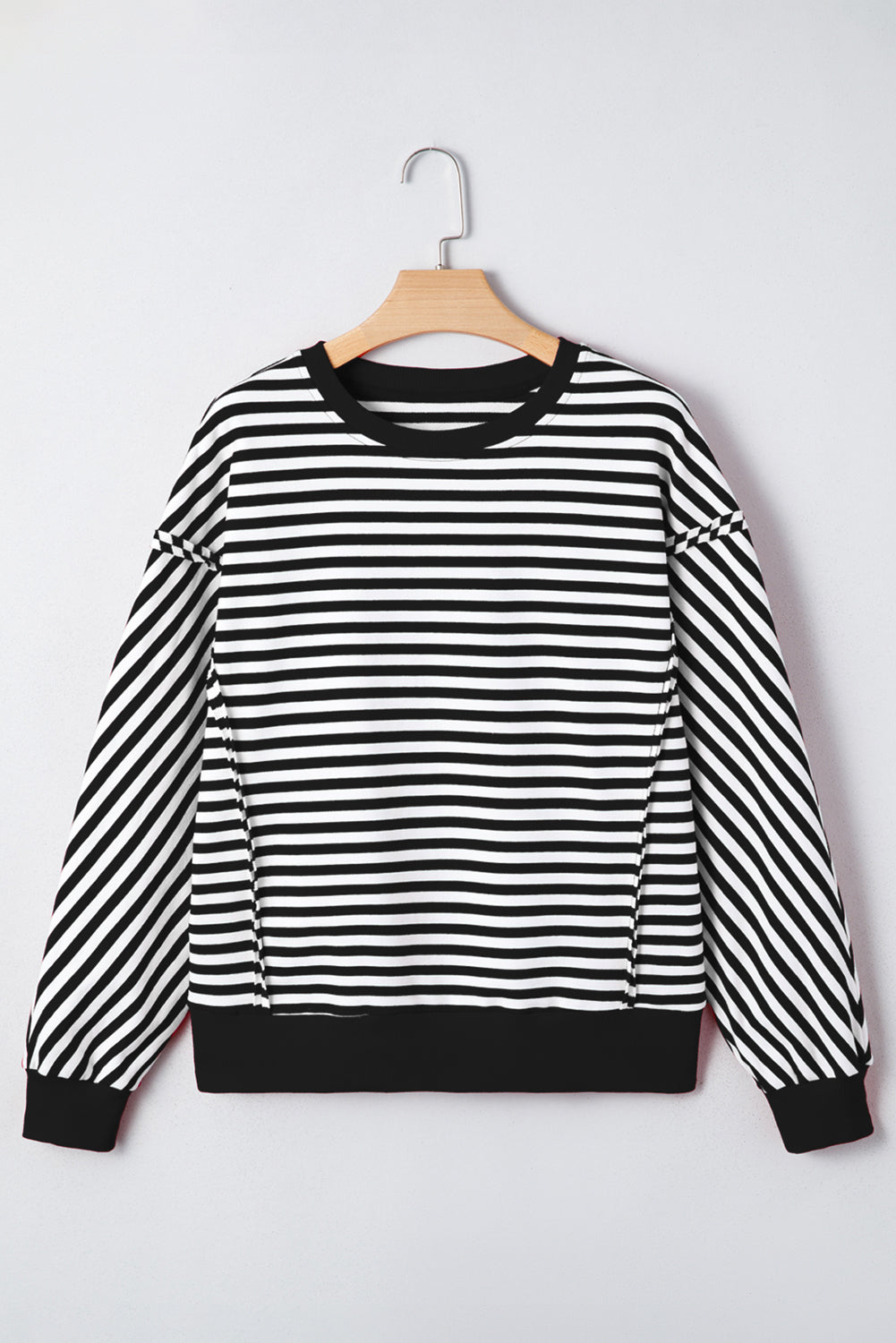 Black Stripe Exposed Seam Drop Shoulder Casual Pullover Top