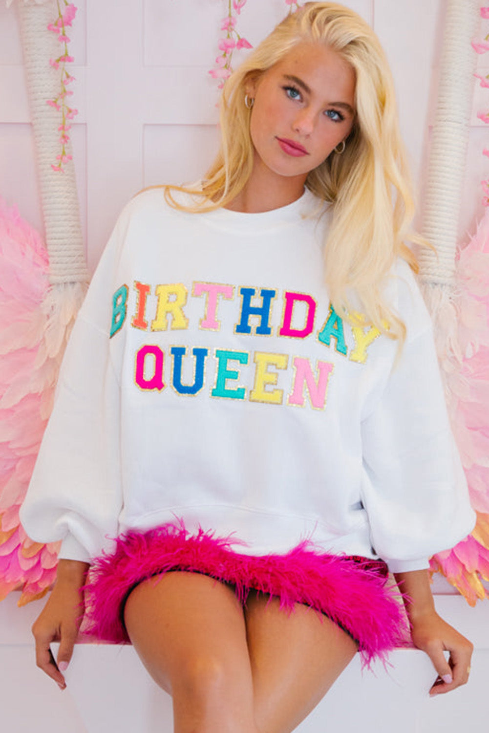 White BIRTHDAY QUEEN Graphic Balloon Sleeve Sweatshirt - Aaria Tees Aaria Tees