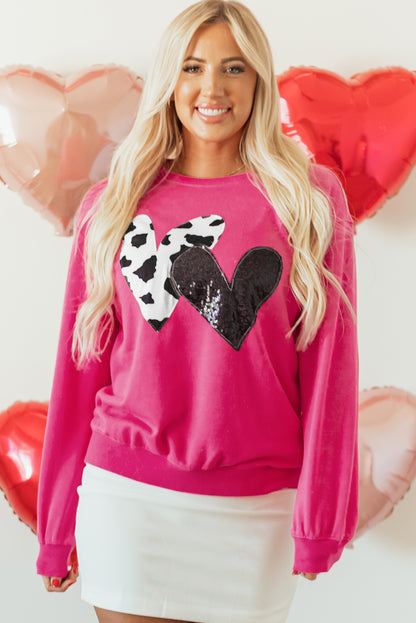 Strawberry Pink Cow & Sequin Double Heart Patch Graphic Sweatshirt - Aaria Tees