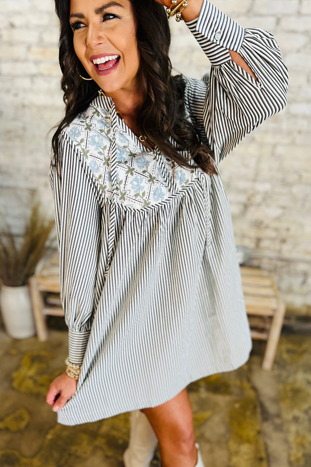 Black Stripe Floral Patchwork Tied V Neck Shift Long Sleeve Mini Dress Aaria Tees Aaria Tees