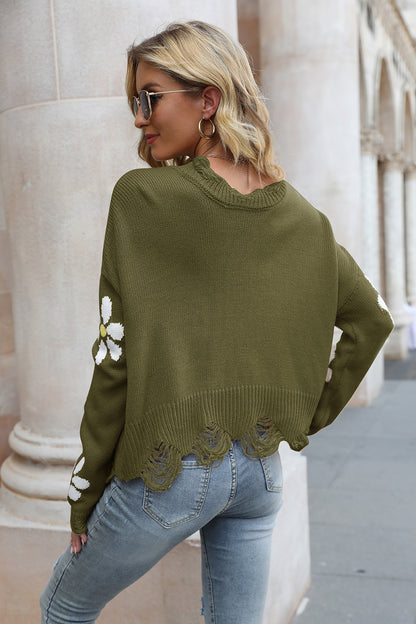 Flower Distressed Long Sleeve Sweater