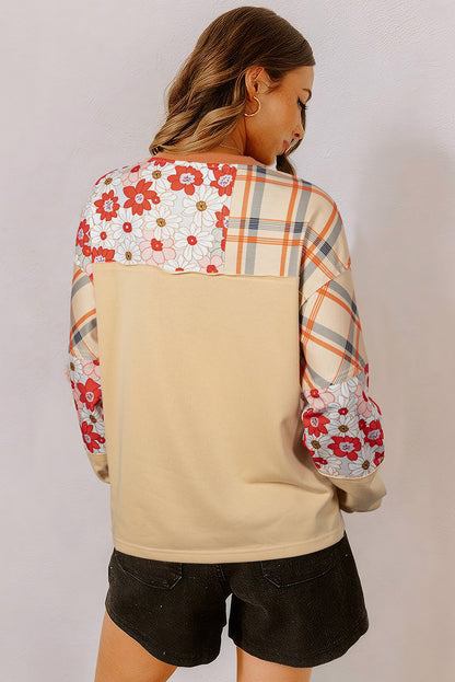 Parchment Floral Plaid Patchwork Casual Top