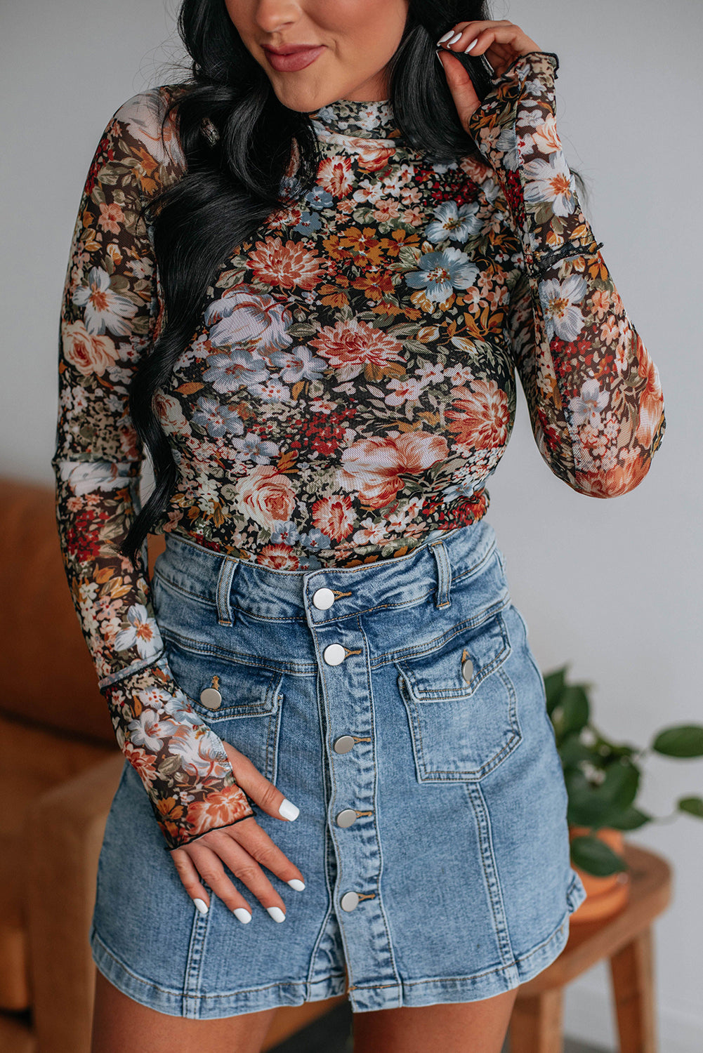 Brown Floral Long Sleeve High Neck Sheath Mesh Blouse Aaria Tees