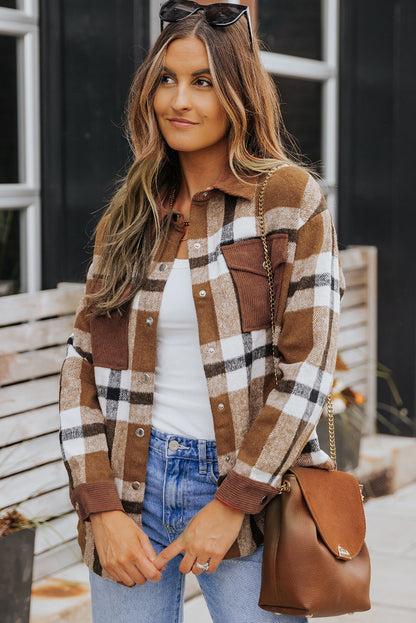 Phoebe Pocketed Buttoned Plaid Shirt Jacket Threaded Pear