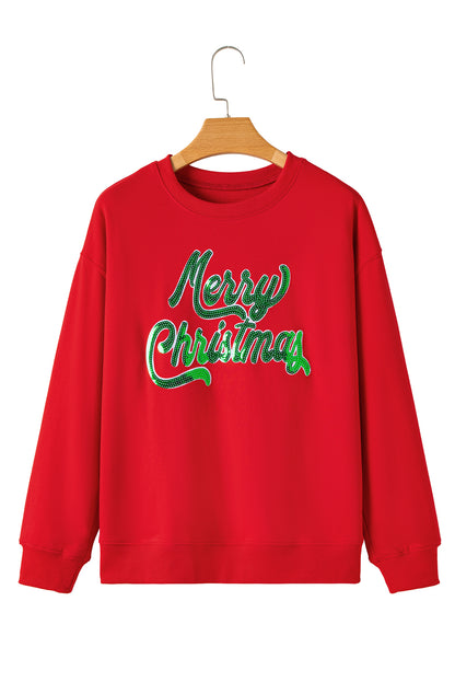 Red Merry Christmas Crewneck Drop Shoulder Loose Sweatshirt