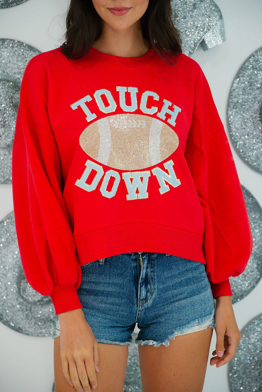 Fiery Red TOUCH DOWN Football Graphic Pullover Sweatshirt - Aaria Tees