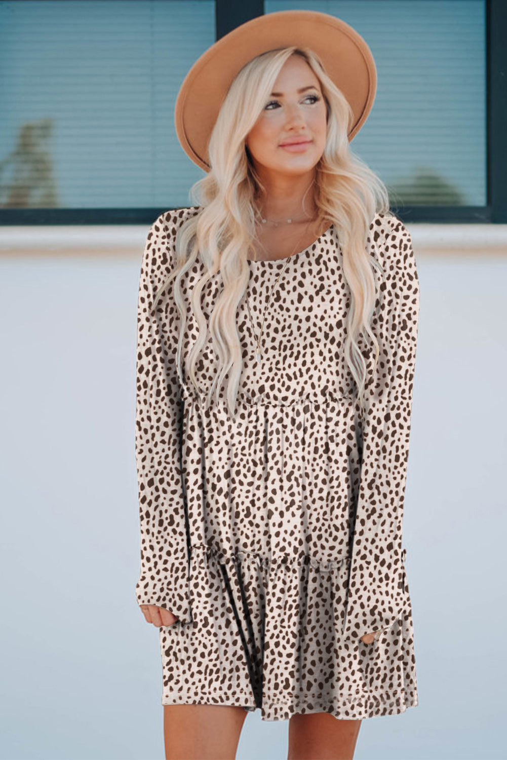 Leopard Animal Print Tiered Long Sleeve Dress Aaria Tees